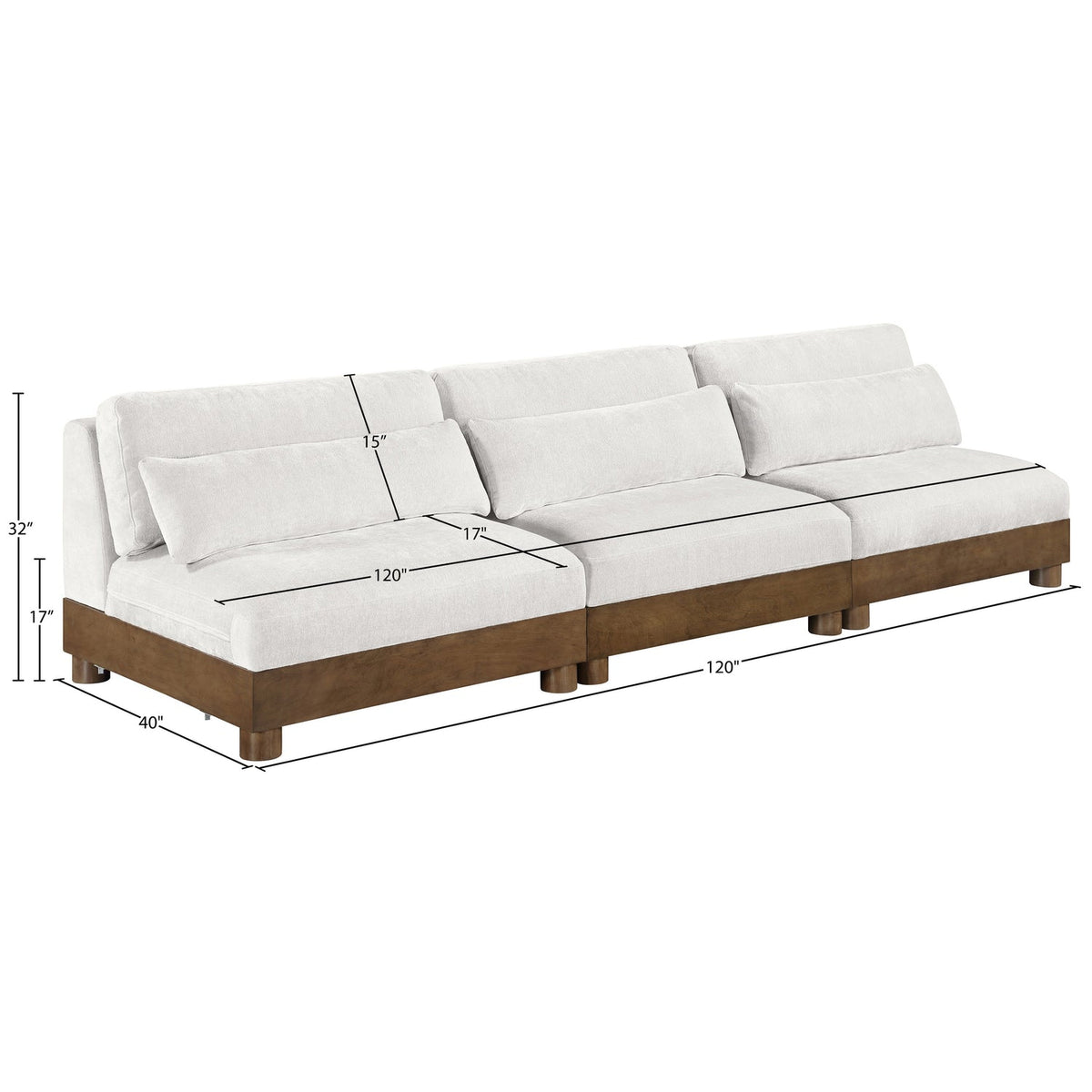 Turin 120in Cream Chenille Fabric Upholstered 3 Piece. Modular Sofa
