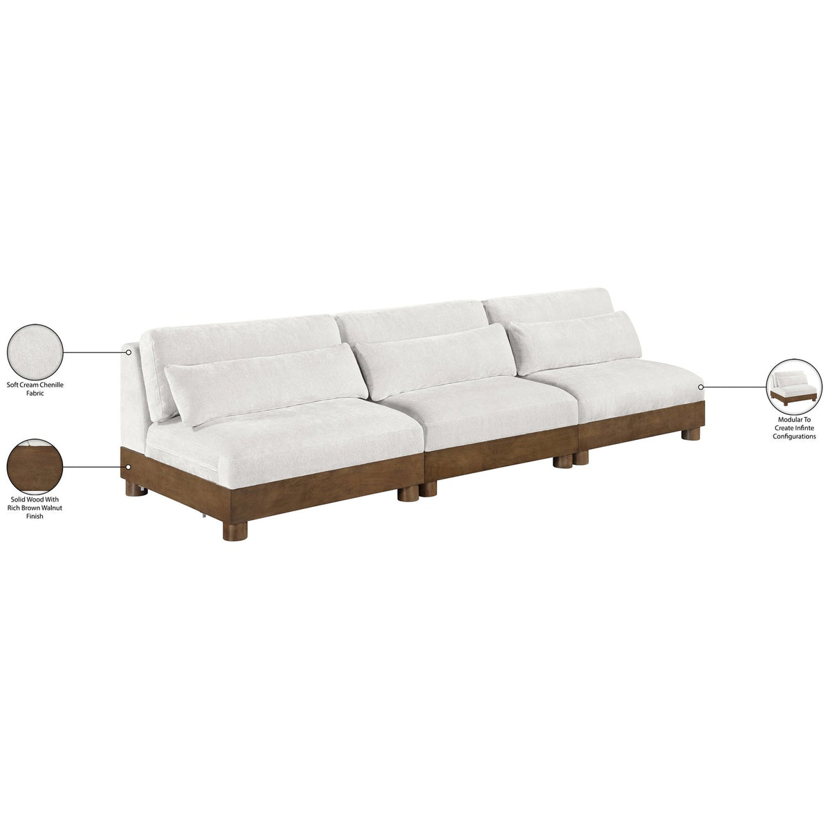Turin 120in Cream Chenille Fabric Upholstered 3 Piece. Modular Sofa