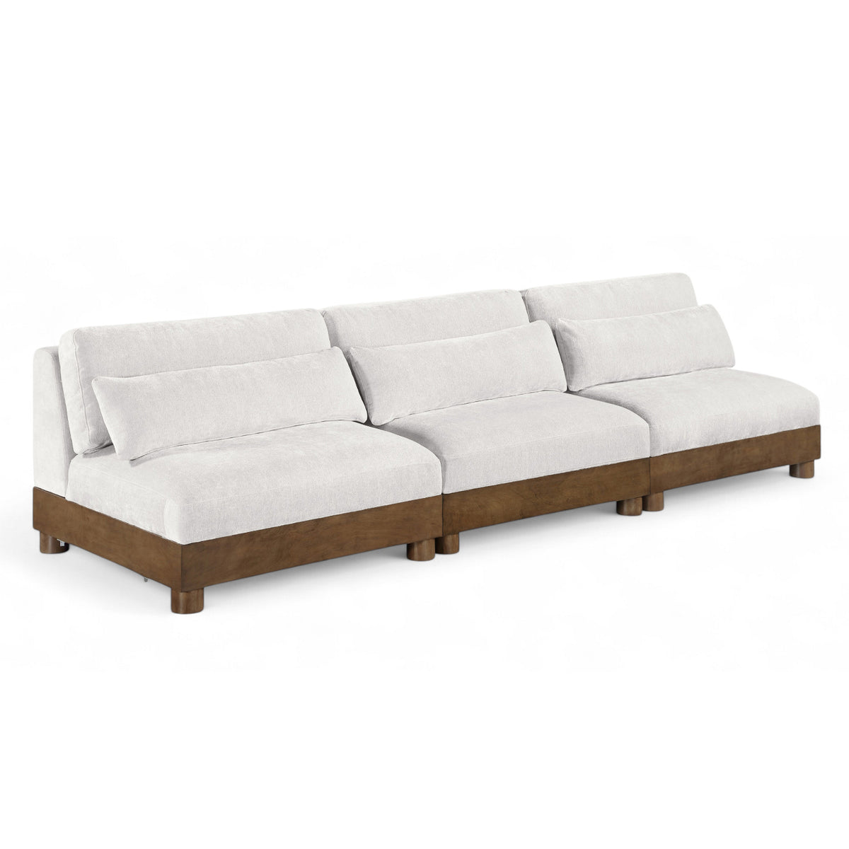 Turin 120" Cream Chenille Fabric Upholstered 3pc. Modular Sofa in cream chenille, brown walnut, styled product view