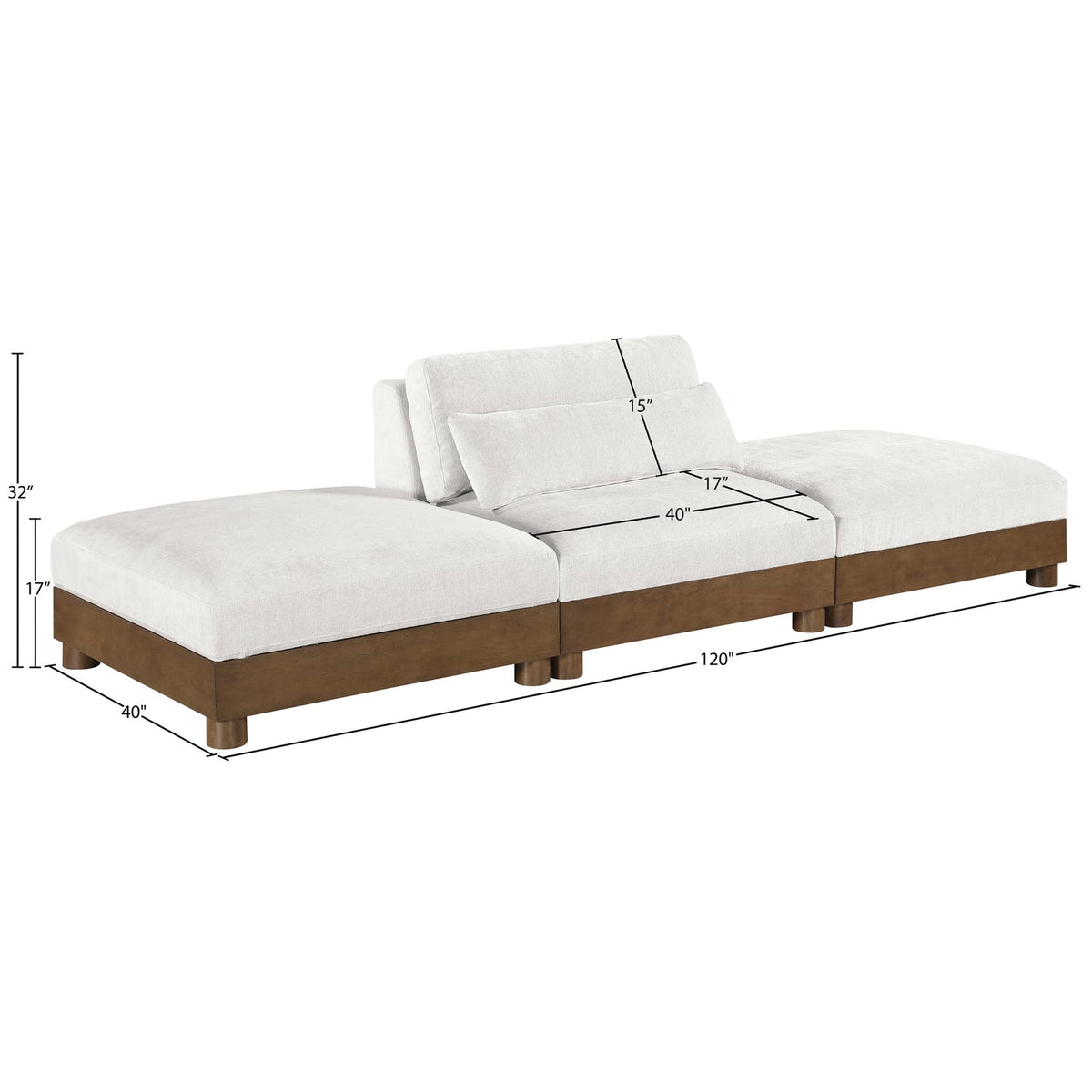 Turin 120in Cream Chenille Fabric Upholstered 3 Piece. Modular Sofa
