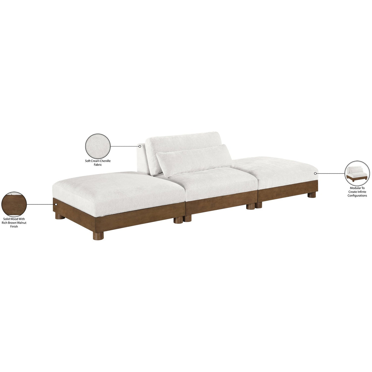 Turin 120in Cream Chenille Fabric Upholstered 3 Piece. Modular Sofa