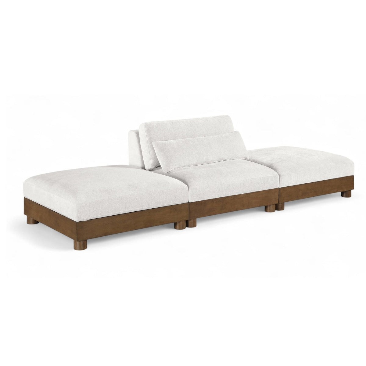 Turin 120" Cream Chenille Fabric Upholstered 3pc. Modular Sofa in cream chenille, brown walnut, primary product view