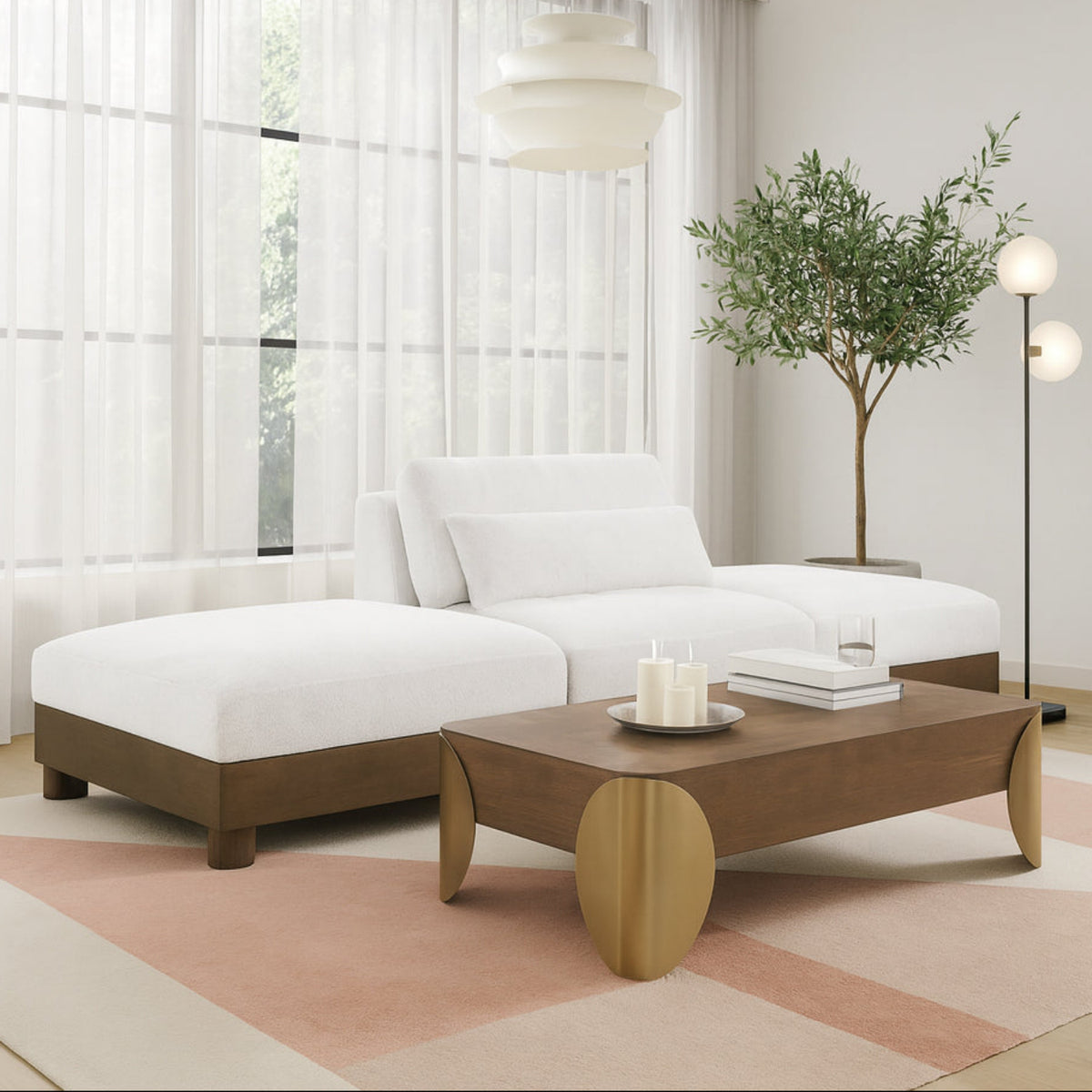 Turin 120in Cream Chenille Fabric Upholstered 3 Piece. Modular Sofa