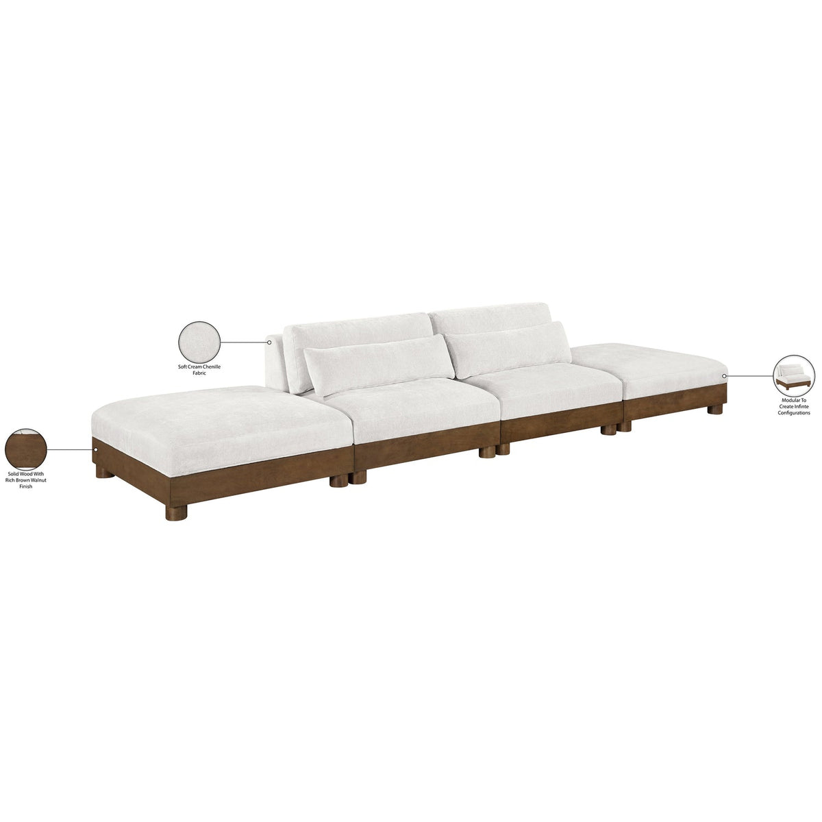 Turin 16 0in Cream Chenille Fabric Upholstered 4 Piece. Modular Sofa
