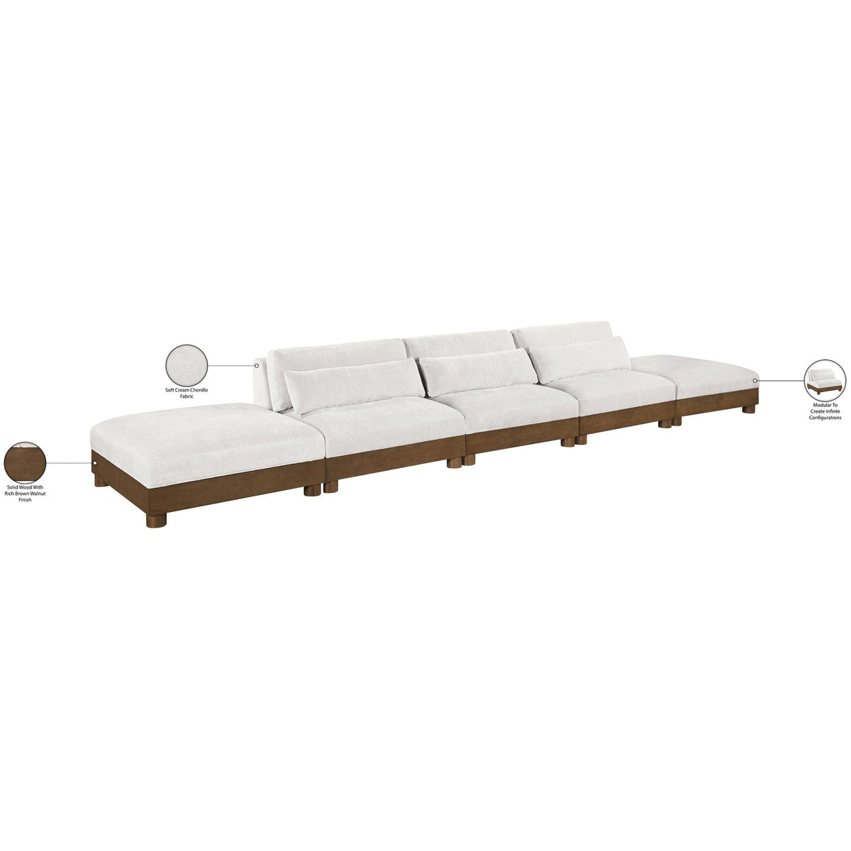 Turin 200in Cream Chenille Fabric Upholstered 5 Piece Modular Sofa