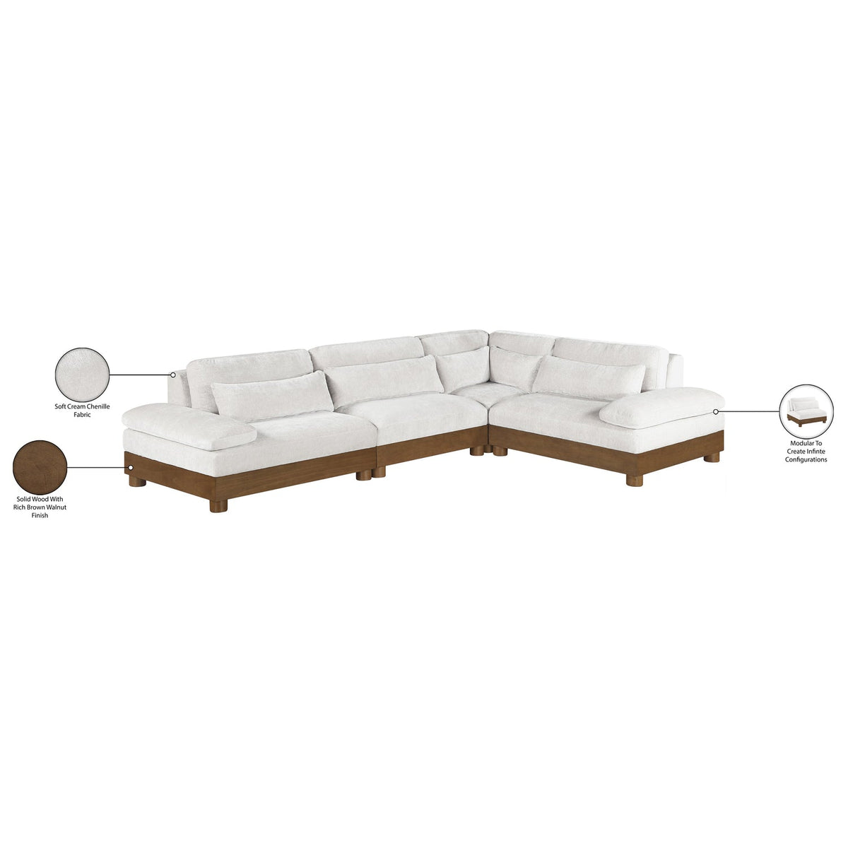 Turin 127.75in Cream Chenille Fabric Upholstered 4 Piece Modular Sectional Sofa