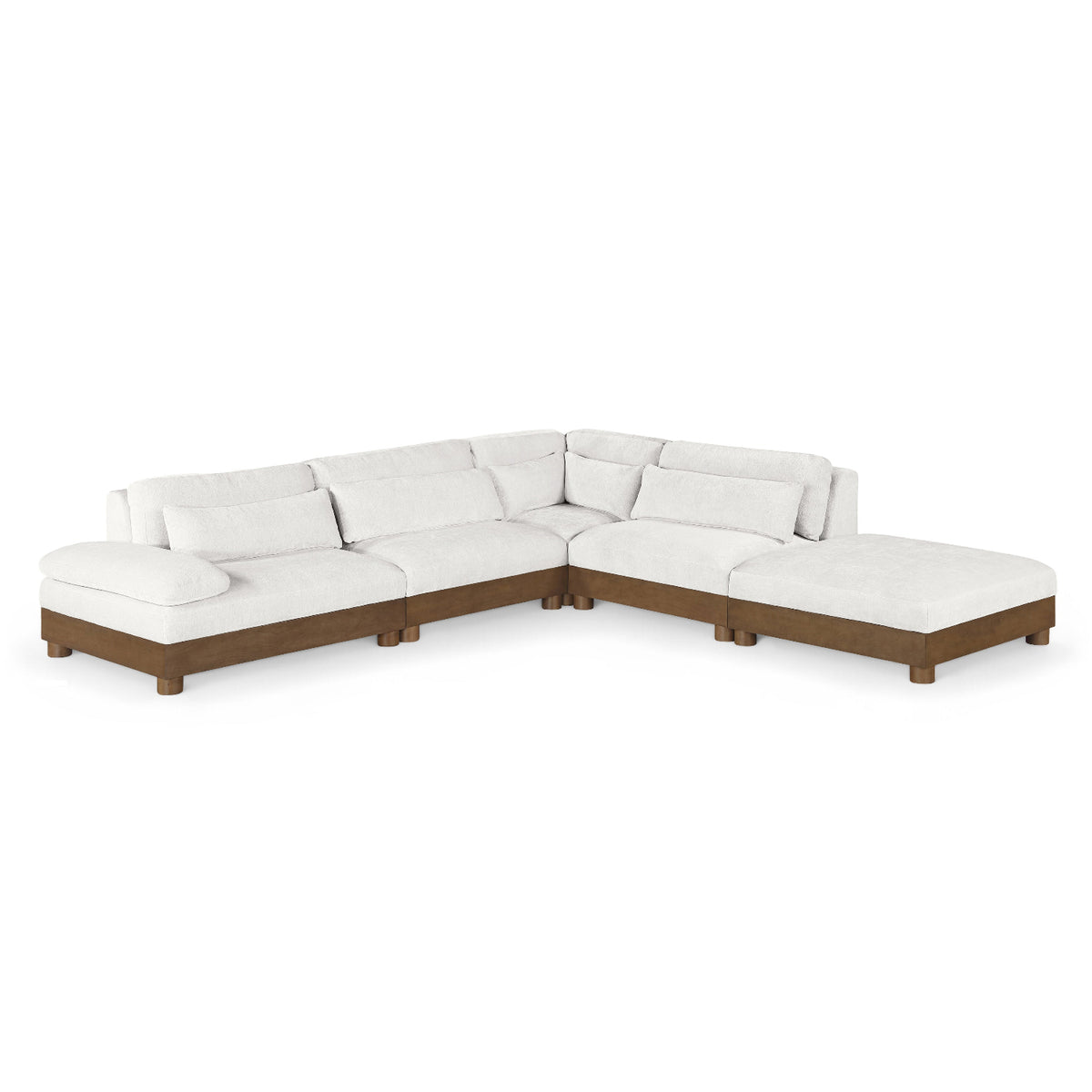 Turin 120" Cream Chenille Fabric Upholstered 5pc. Modular Sectional in cream chenille, brown walnut, styled product view