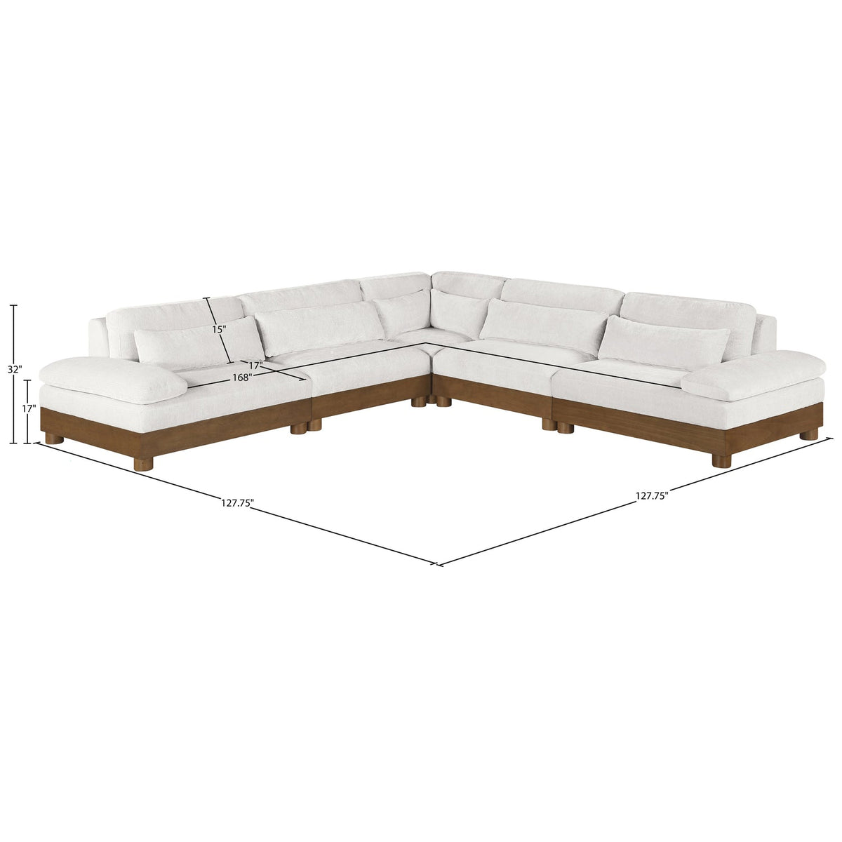Turin 127.75in Cream Chenille Fabric Upholstered 5 Piece Modular Sectional Sofa
