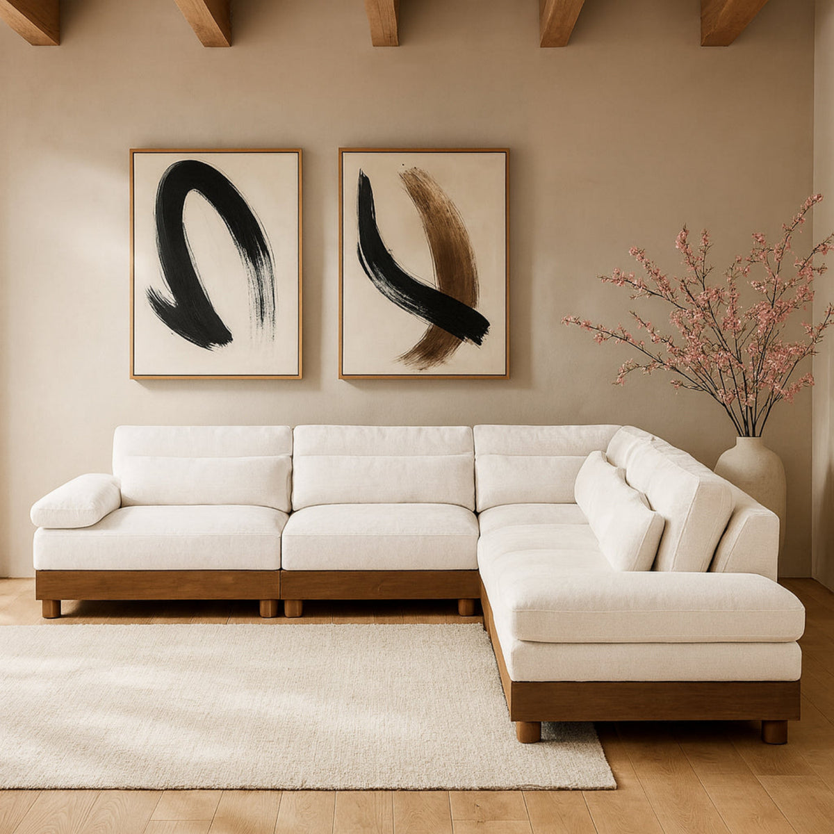 Turin 127.75in Cream Chenille Fabric Upholstered 5 Piece Modular Sectional Sofa