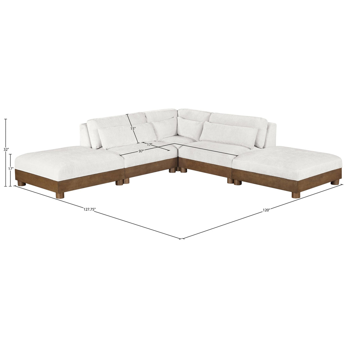 Turin 120in Cream Chenille Fabric Upholstered 5 Piece Modular Sectional Sofa
