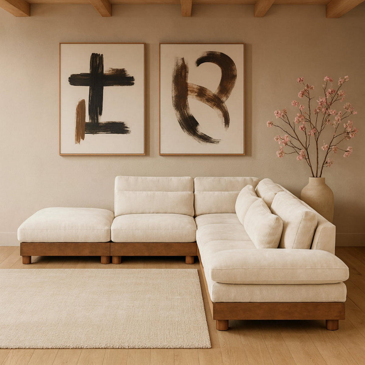 Turin 127.75in Cream Chenille Fabric Upholstered 5 Piece Modular Sectional Sofa