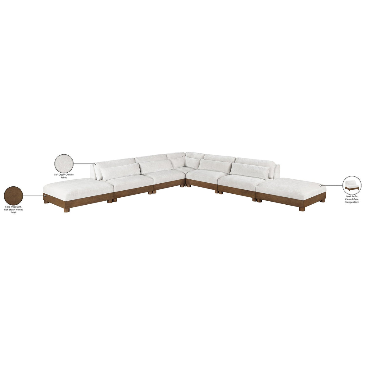 Turin 160in Cream Chenille Fabric Upholstered 7 Piece Modular Sectional Sofa
