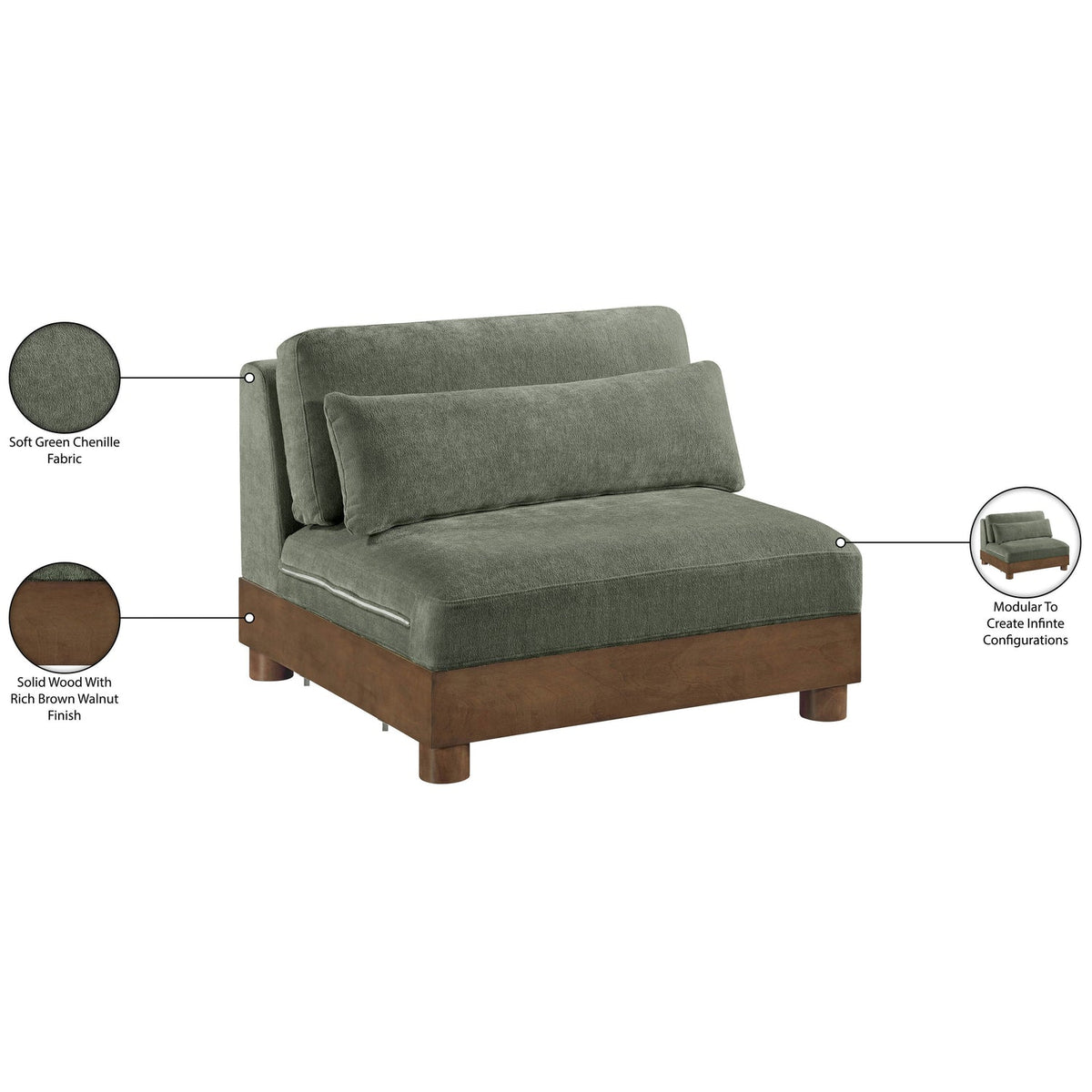 Turin Green Chenille Fabric Upholstered Modular Armless Chair