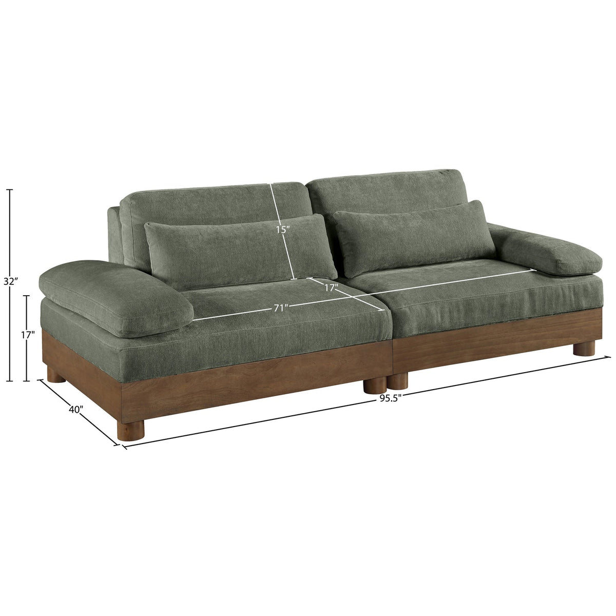 Turin 95.5in Green Chenille Fabric Upholstered 2 Piece Modular Sofa