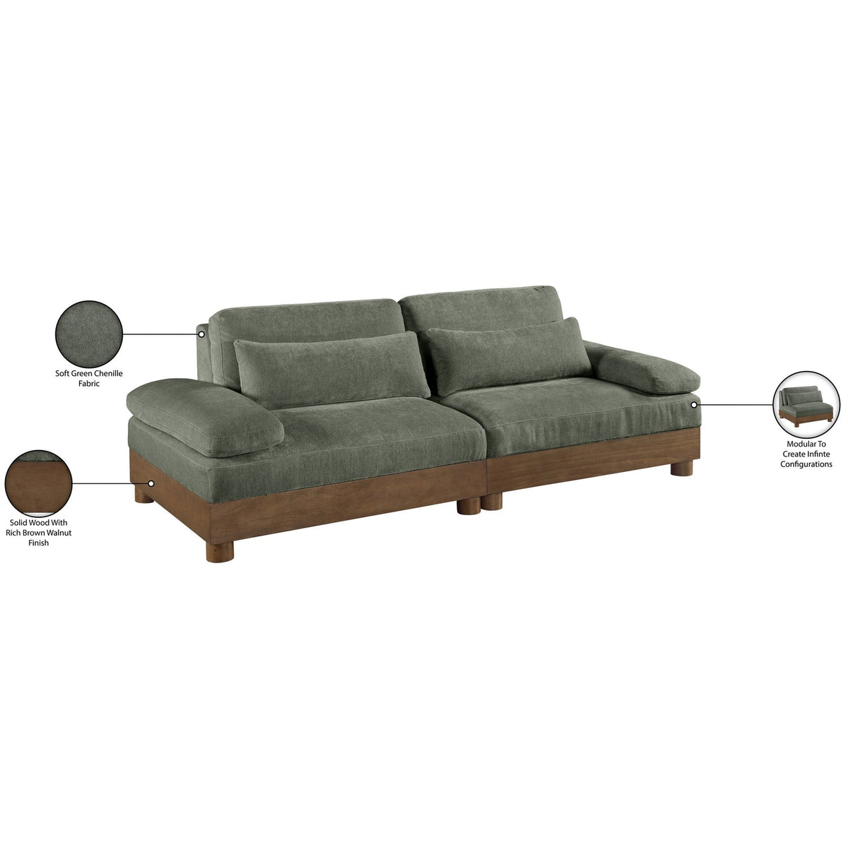 Turin 95.5in Green Chenille Fabric Upholstered 2 Piece Modular Sofa