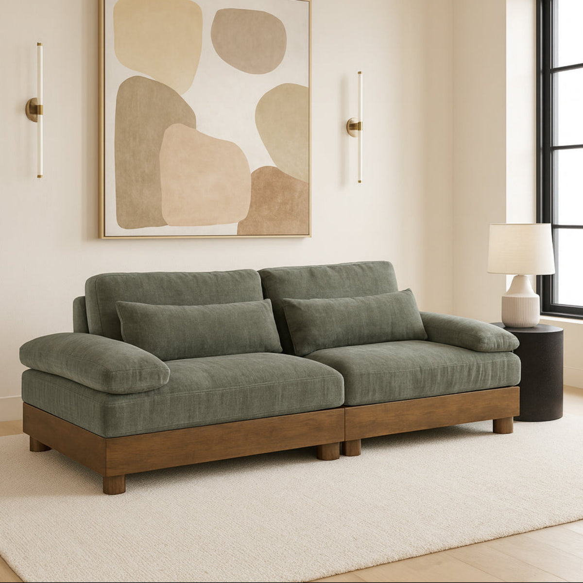 Turin 95 .5in Green Chenille Fabric Upholstered 2Piece. Modular Sofa