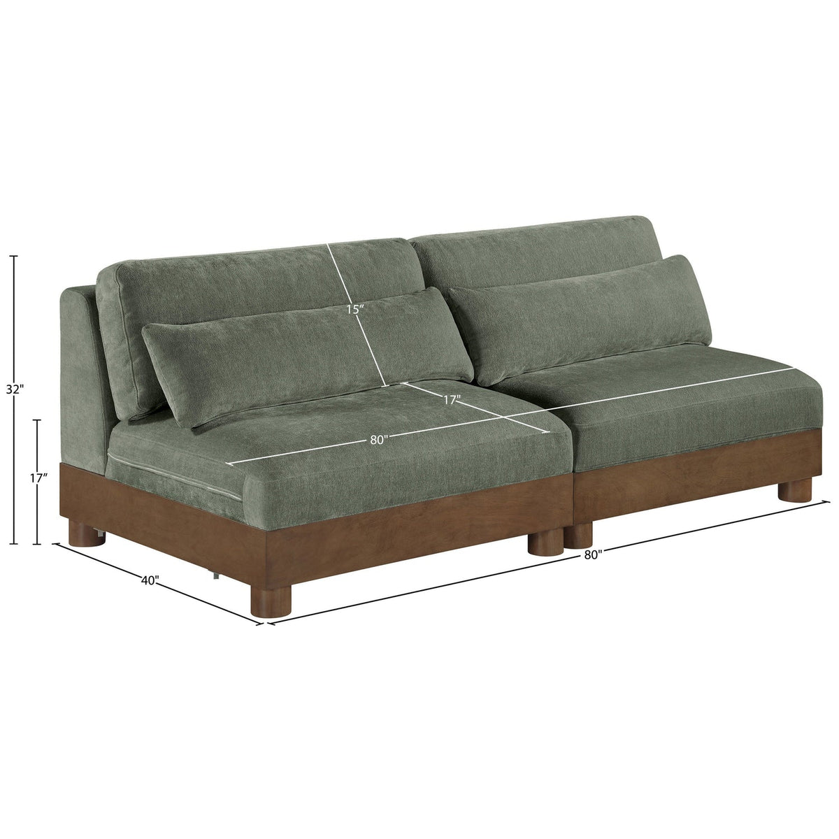 Turin 80in Green Chenille Fabric Upholstered 2 Piece Modular Sofa