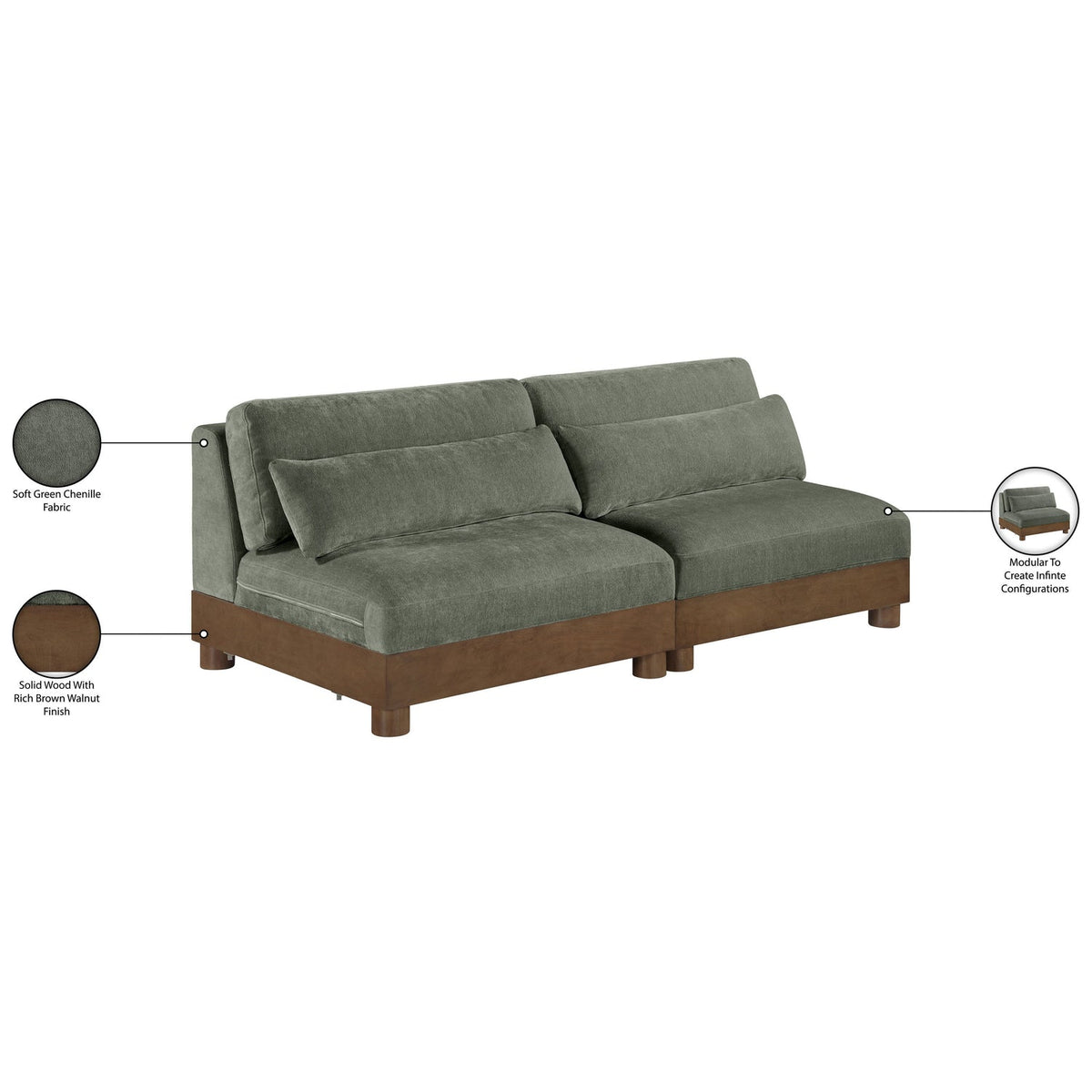 Turin 80in Green Chenille Fabric Upholstered 2 Piece Modular Sofa