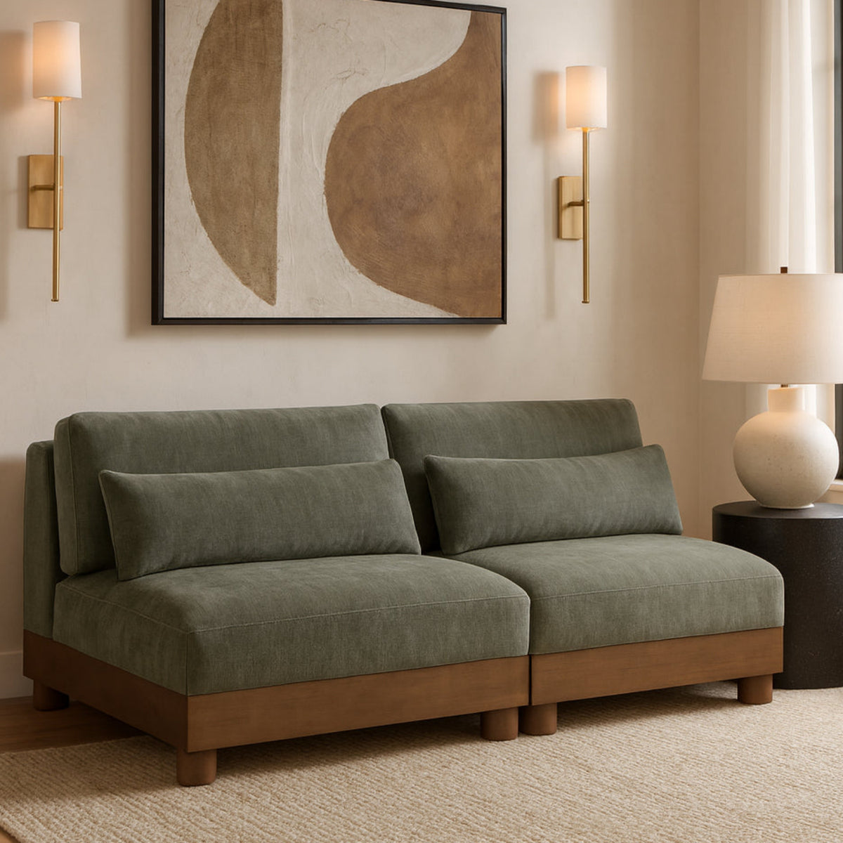 Turin 8 0in Green Chenille Fabric Upholstered 2Piece. Modular Sofa
