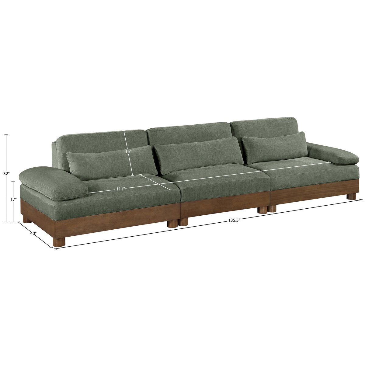 Turin 13 5 .5in Green Chenille Fabric Upholstered 3 Piece. Modular Sofa