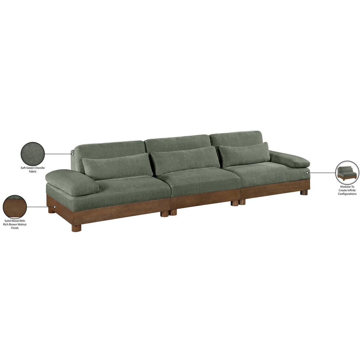 Turin 13 5 .5in Green Chenille Fabric Upholstered 3 Piece. Modular Sofa
