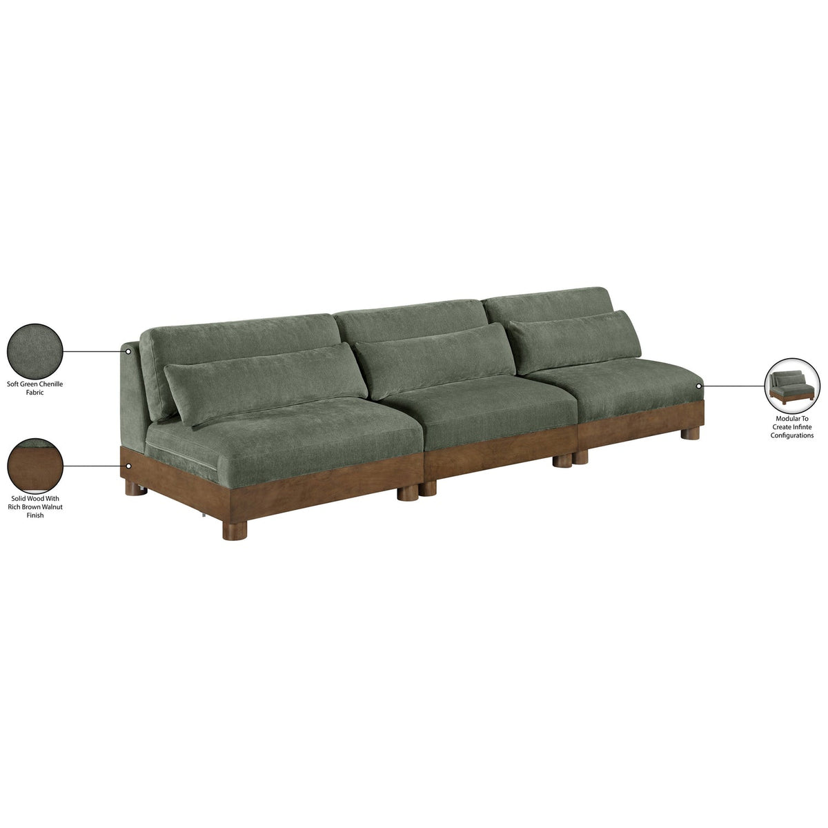 Turin 120in Green Chenille Fabric Upholstered 3 Piece. Modular Sofa