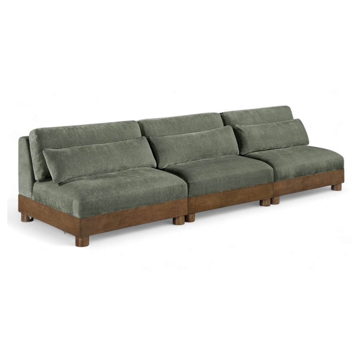 Turin 120" Green Chenille Fabric Upholstered 3pc. Modular Sofa in green chenille, brown walnut, front product view