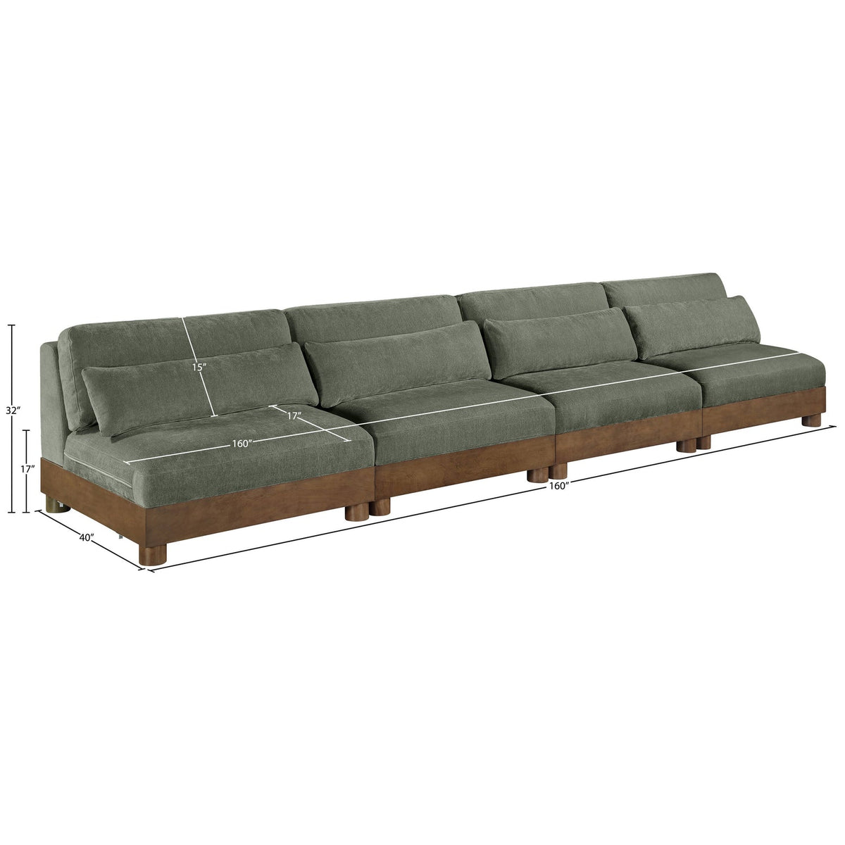 Turin 16 0in Green Chenille Fabric Upholstered 4 Piece. Modular Sofa