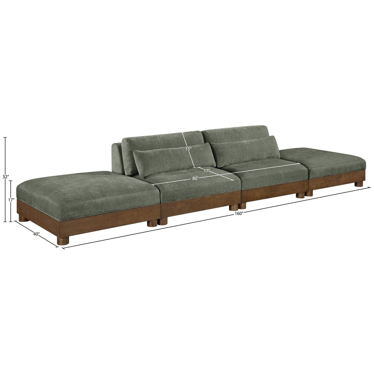 Turin 160in Green Chenille Fabric Upholstered 4 Piece Modular Sofa