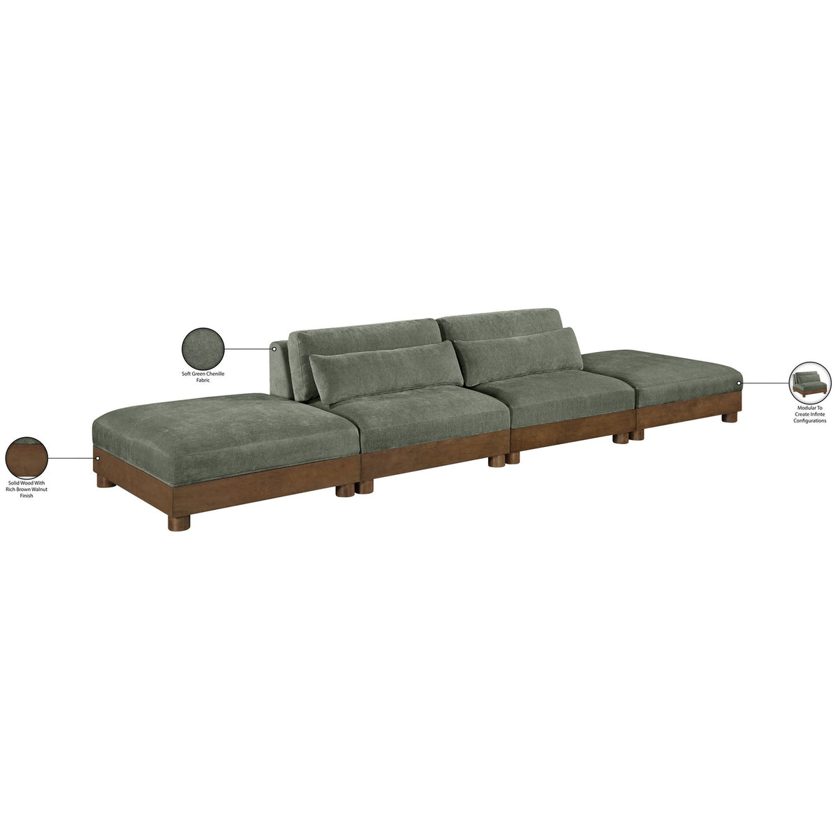 Turin 160in Green Chenille Fabric Upholstered 4 Piece Modular Sofa