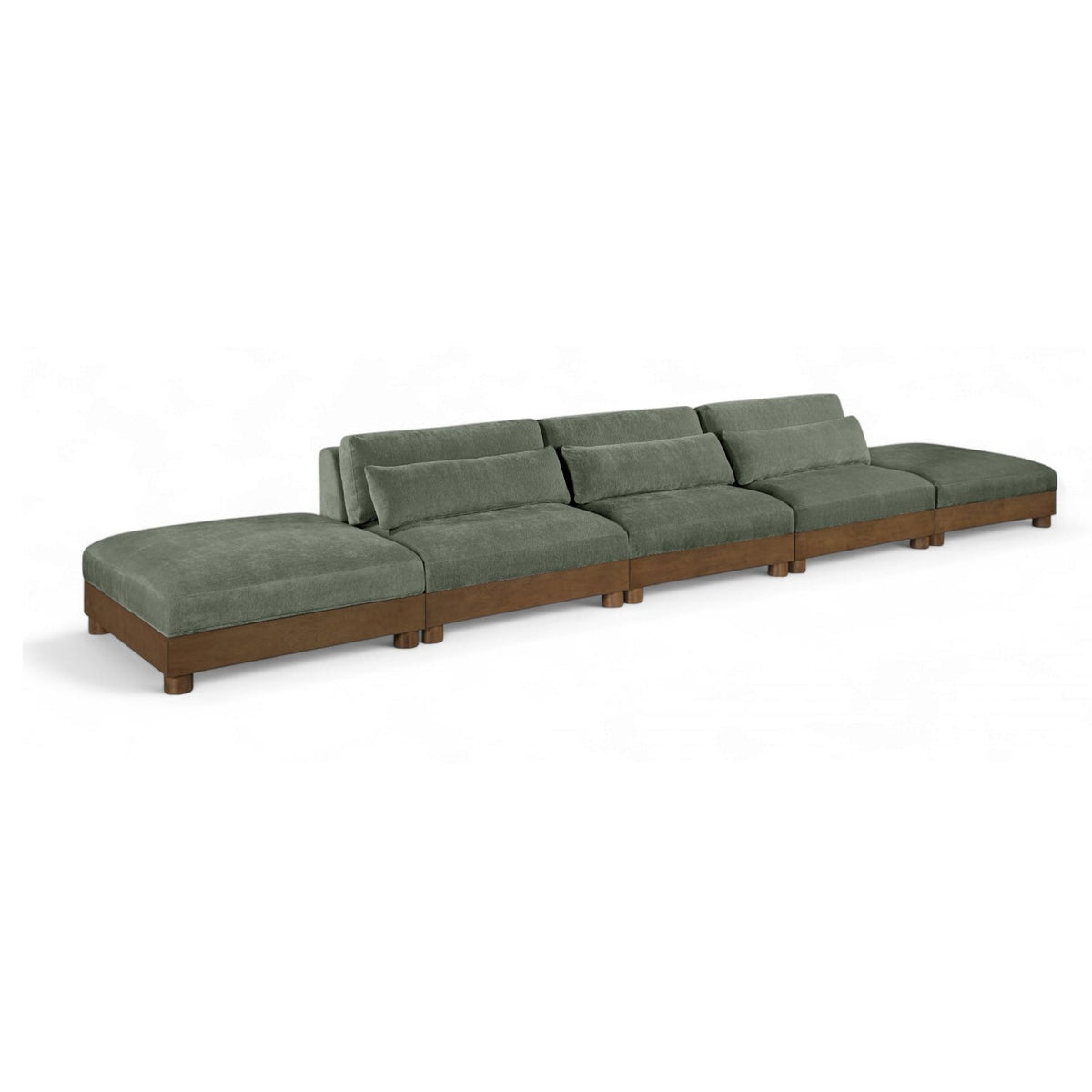 Turin 200" Green Chenille Fabric Upholstered 5pc. Modular Sofa in green chenille with walnut finish, primary product view