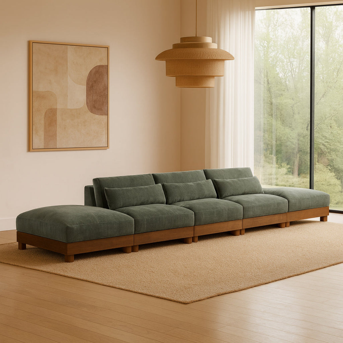 Turin 200in Green Chenille Fabric Upholstered 5 Piece. Modular Sofa