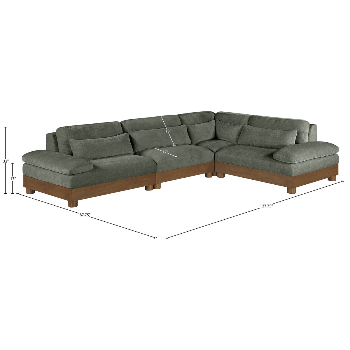 Turin 127.75in Green Chenille Fabric Upholstered 4 Piece Modular Sectional Sofa