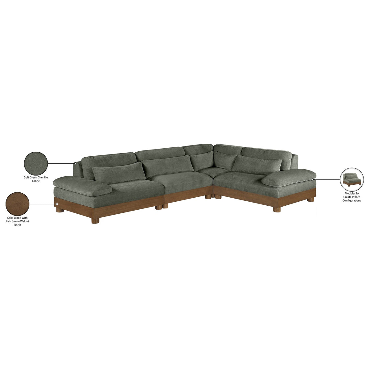 Turin 127.75in Green Chenille Fabric Upholstered 4 Piece Modular Sectional Sofa