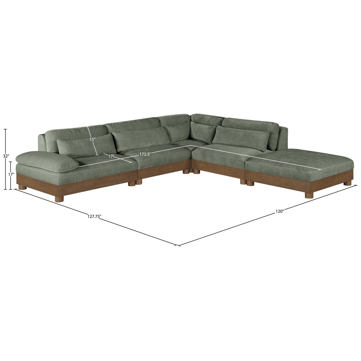 Turin 120in Green Chenille Fabric Upholstered 5 Piece Modular Sectional Sofa