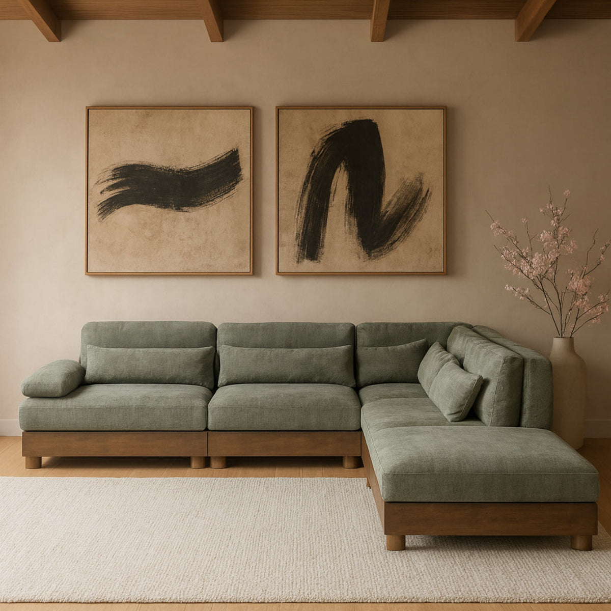Turin 120in Green Chenille Fabric Upholstered 5 Piece Modular Sectional Sofa