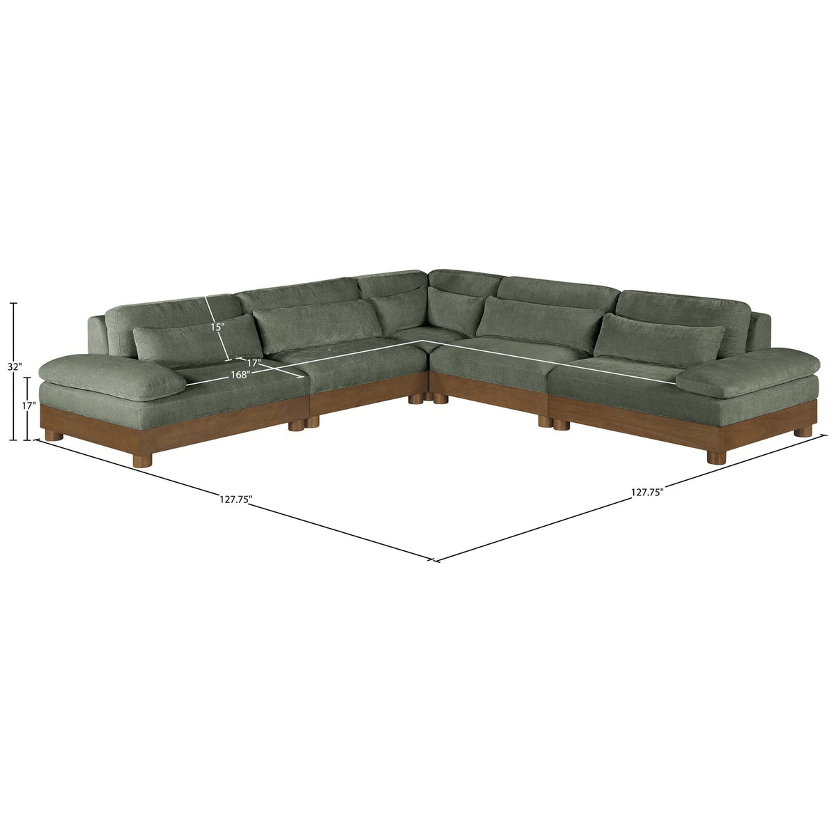 Turin 127.75in Green Chenille Fabric Upholstered 5 Piece Modular Sectional Sofa