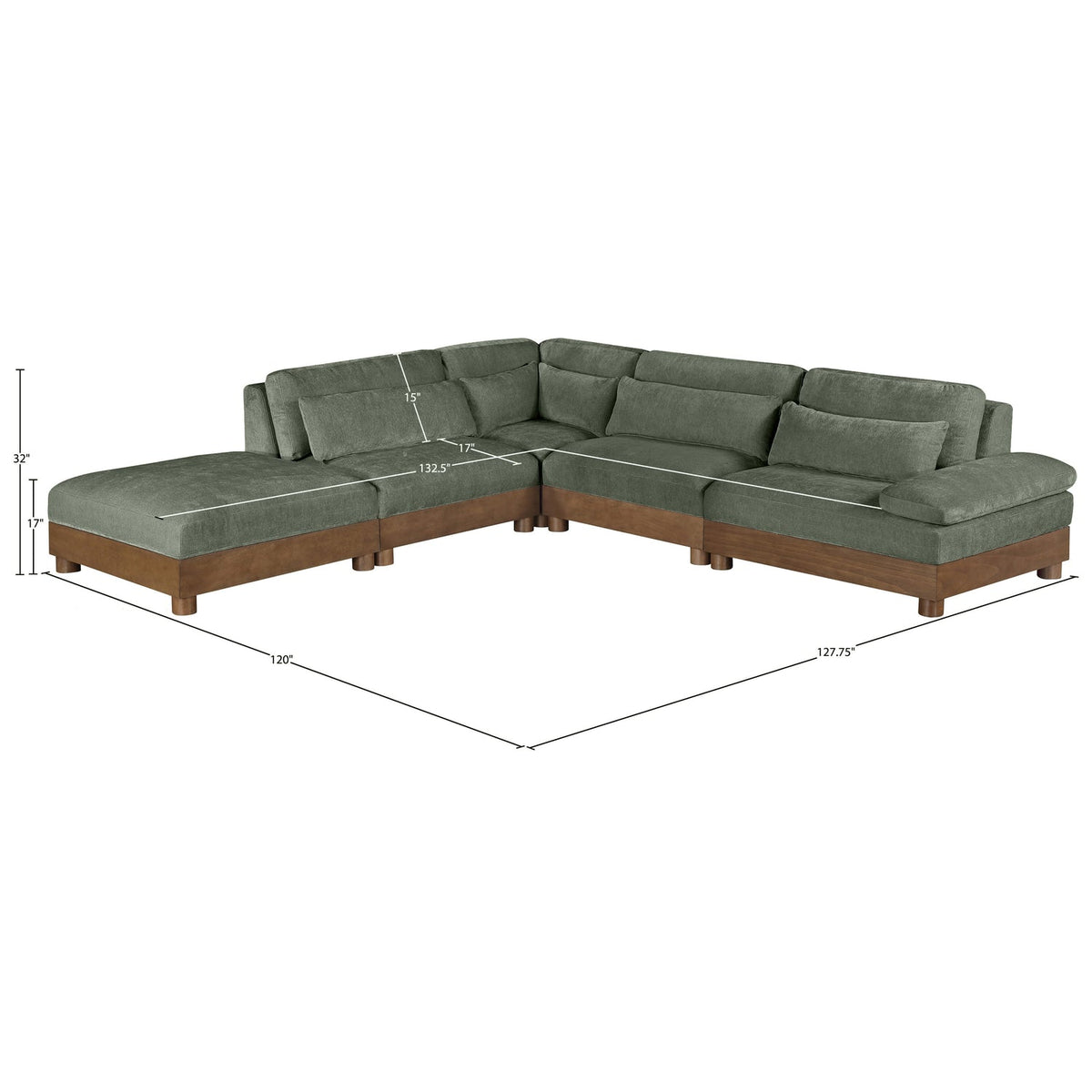 Turin 127.75in Green Chenille Fabric Upholstered 5 Piece Modular Sectional Sofa