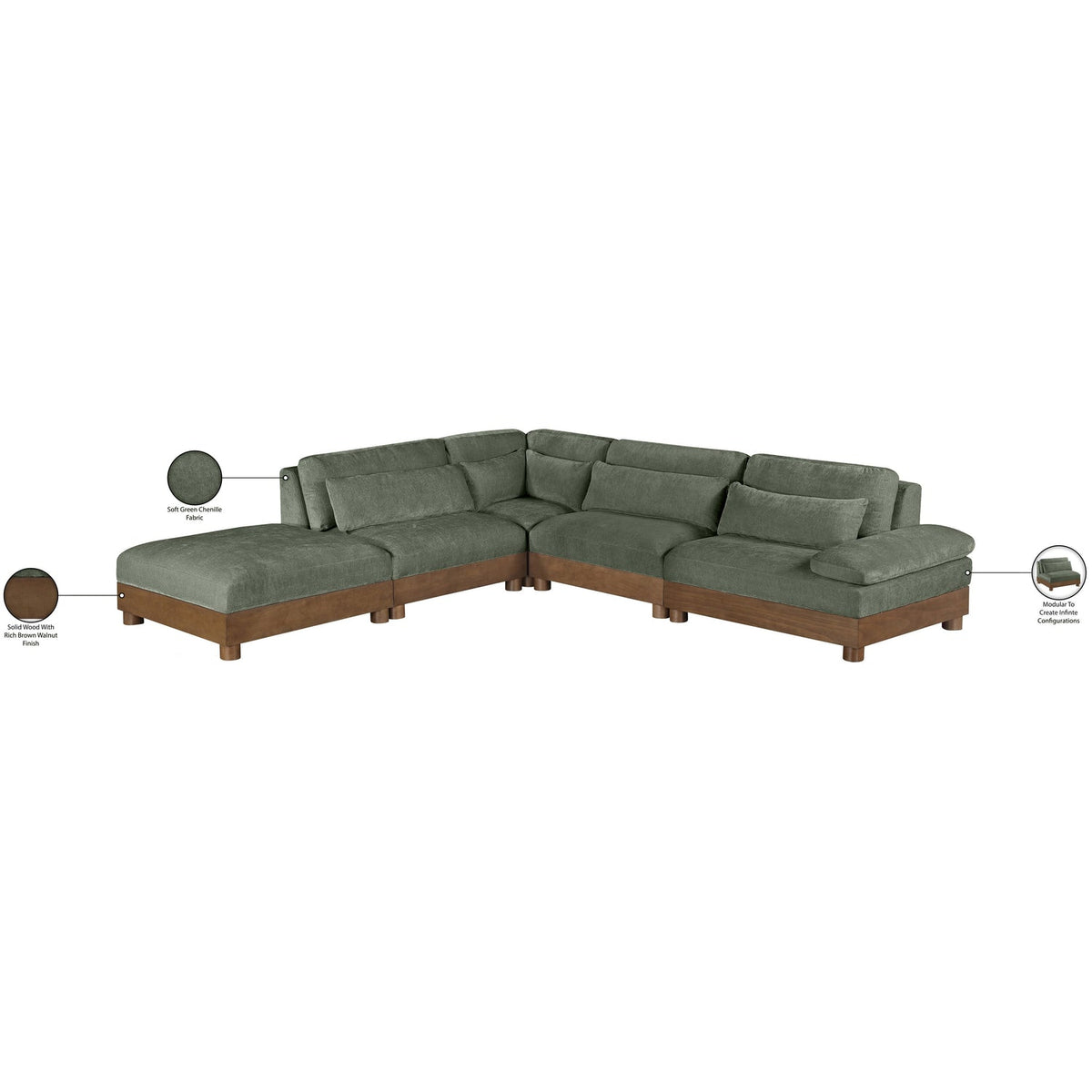 Turin 127.75in Green Chenille Fabric Upholstered 5 Piece Modular Sectional Sofa