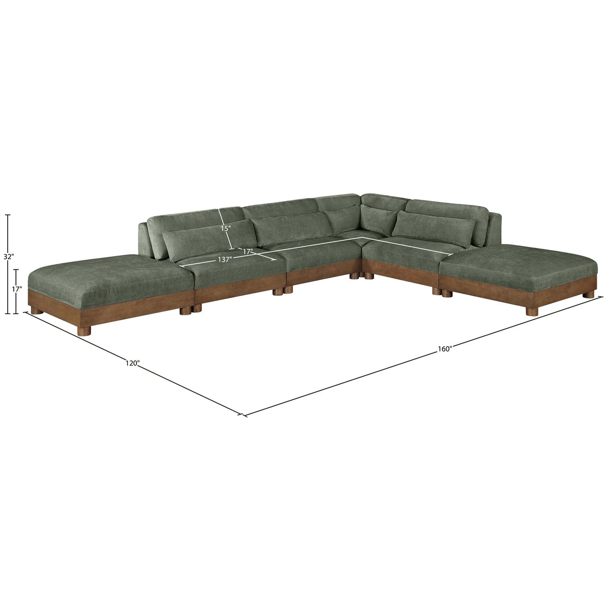Turin 160in Green Chenille Fabric Upholstered 6 Piece Modular Sectional Sofa