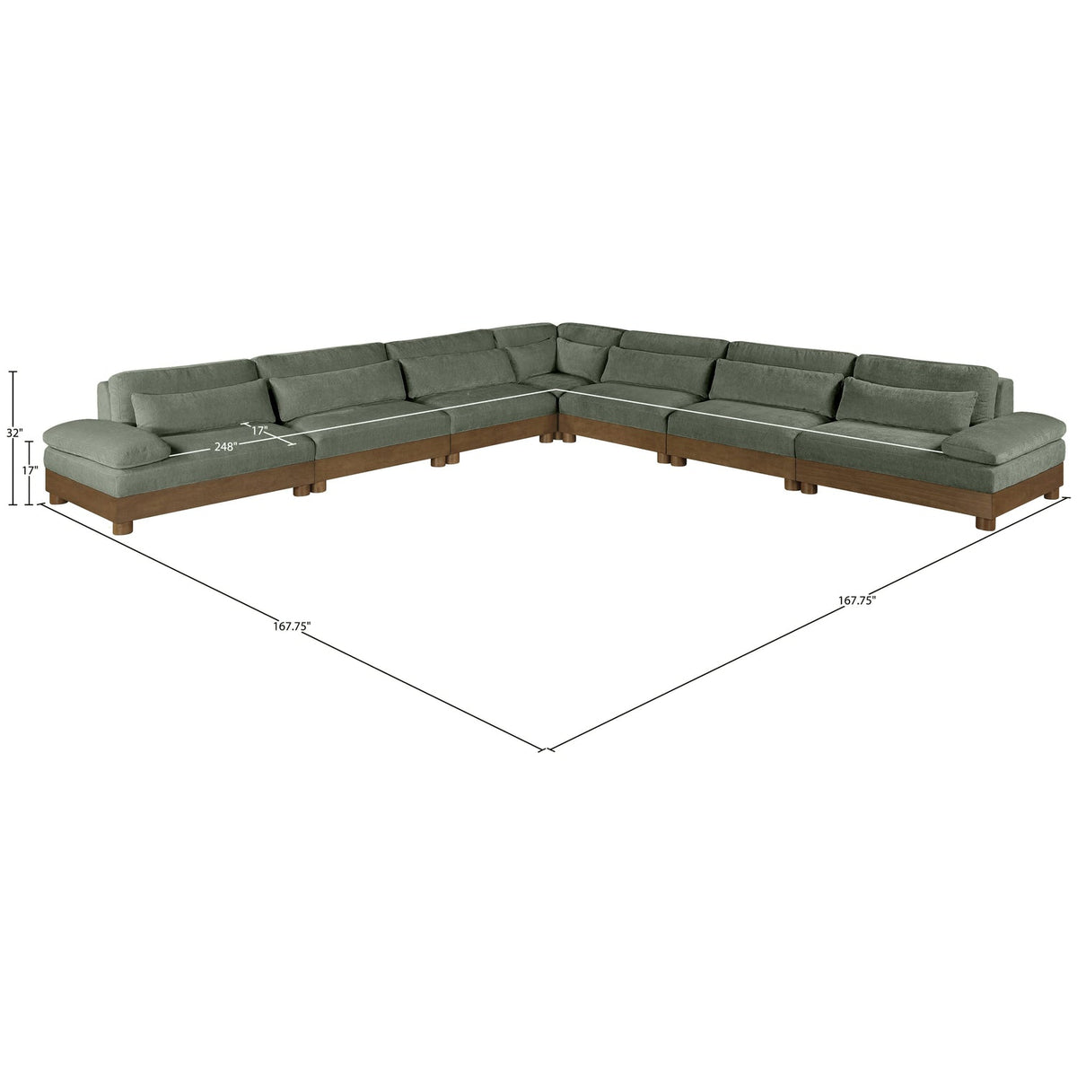 Turin 167.75in Green Chenille Fabric Upholstered 7 Piece Modular Sectional Sofa