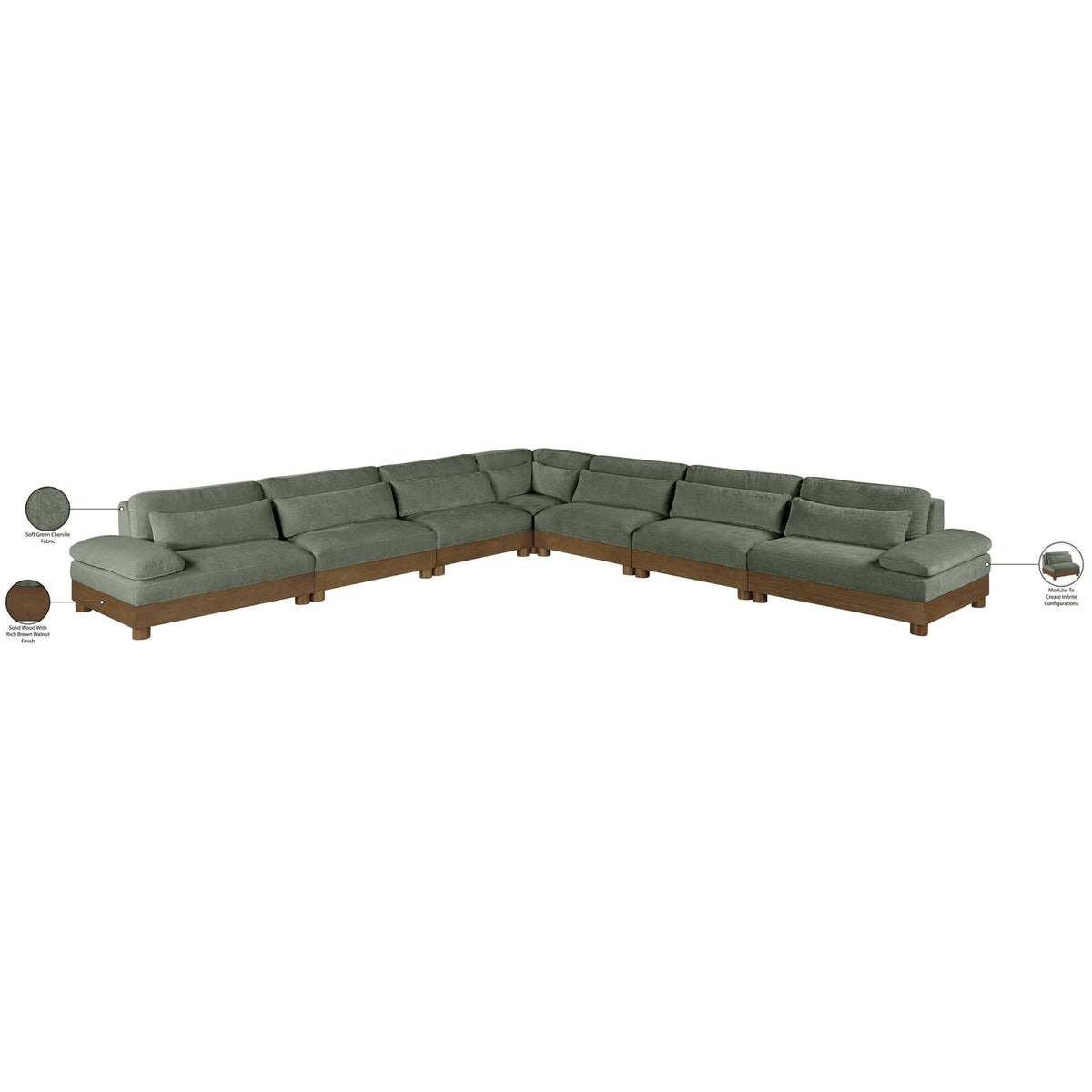 Turin 167.75in Green Chenille Fabric Upholstered 7 Piece Modular Sectional Sofa