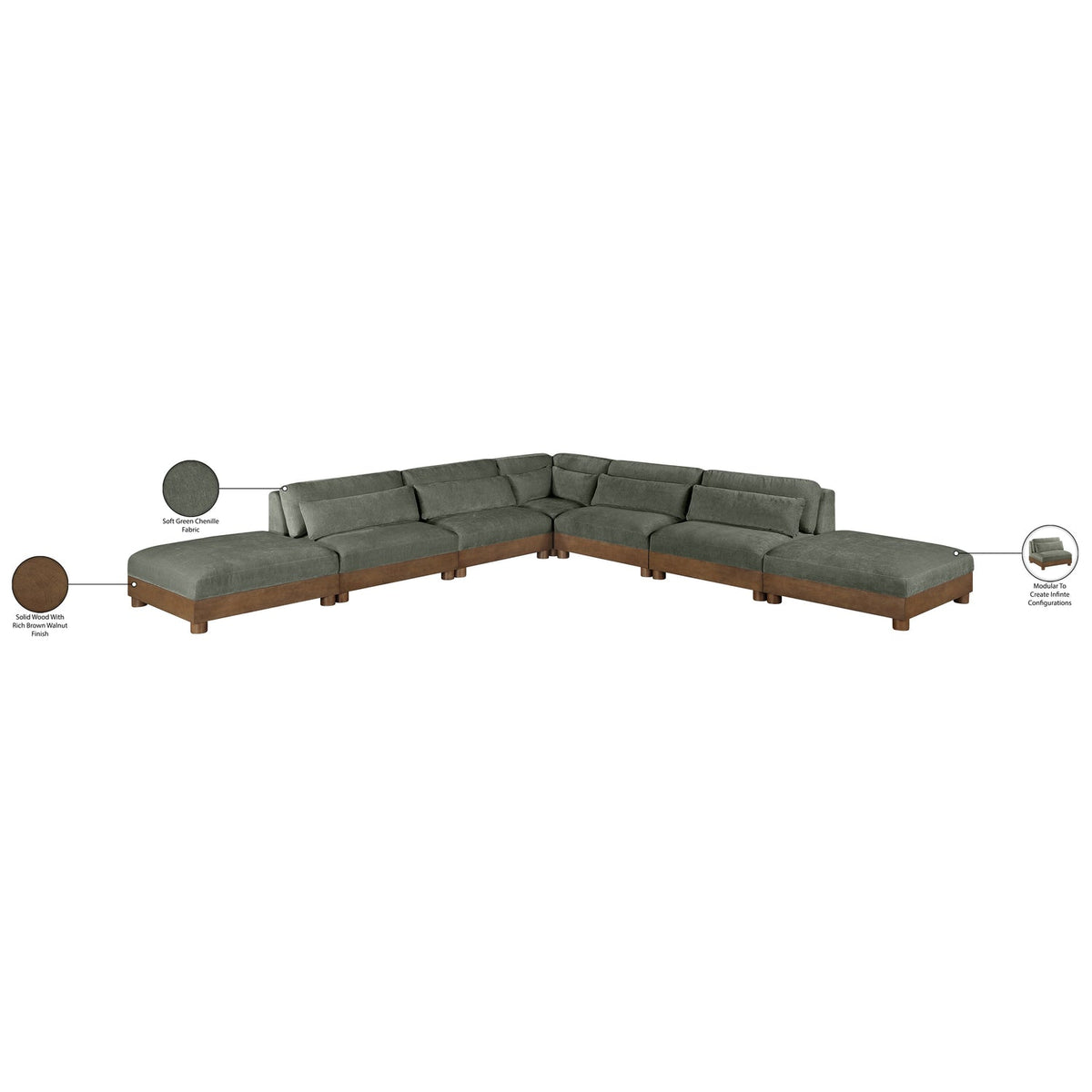 Turin 160in Green Chenille Fabric Upholstered 7 Piece Modular Sectional Sofa