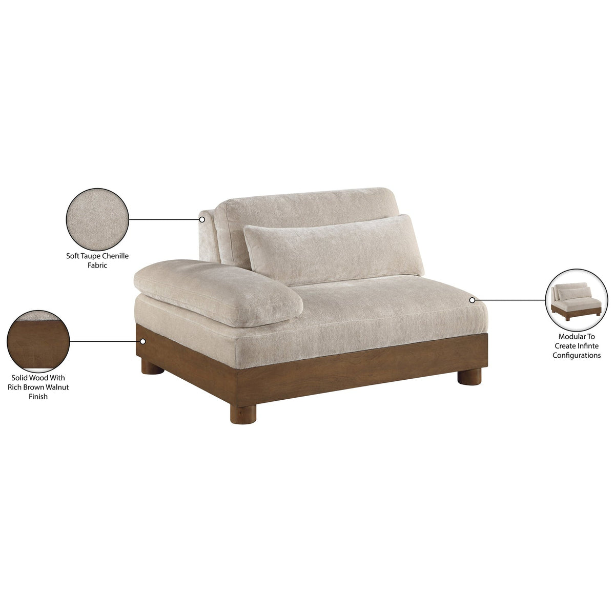 Turin Taupe Chenille Fabric Upholstered Modular Left Arm Chair