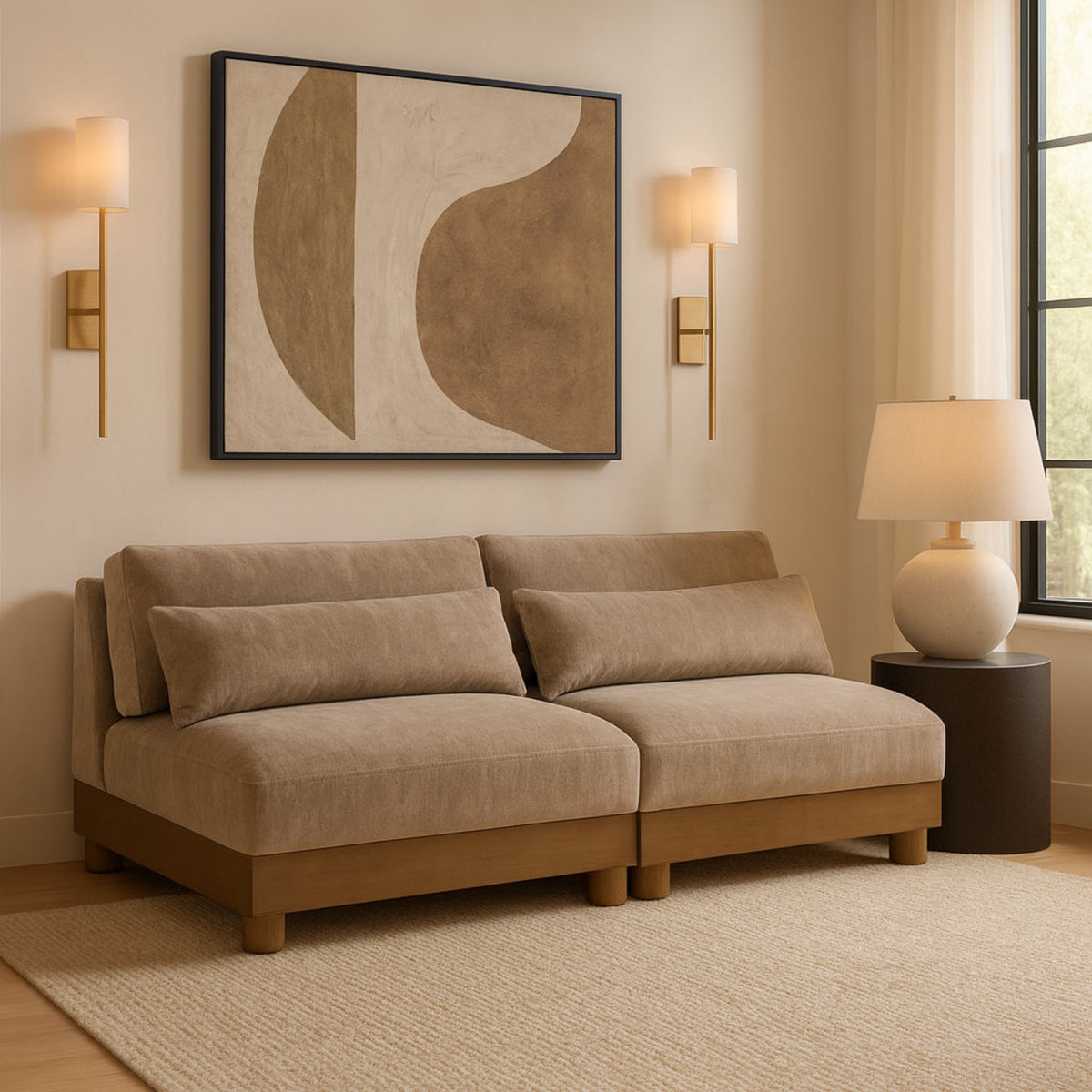 Turin 8 0in Taupe Chenille Fabric Upholstered 2Piece. Modular Sofa