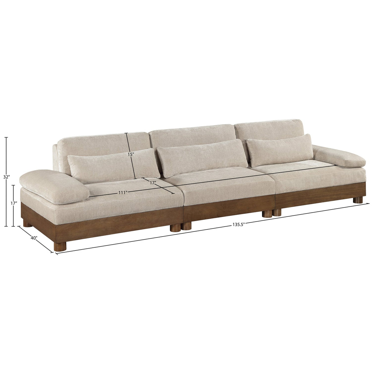 Turin 13 5 .5in Taupe Chenille Fabric Upholstered 3 Piece. Modular Sofa