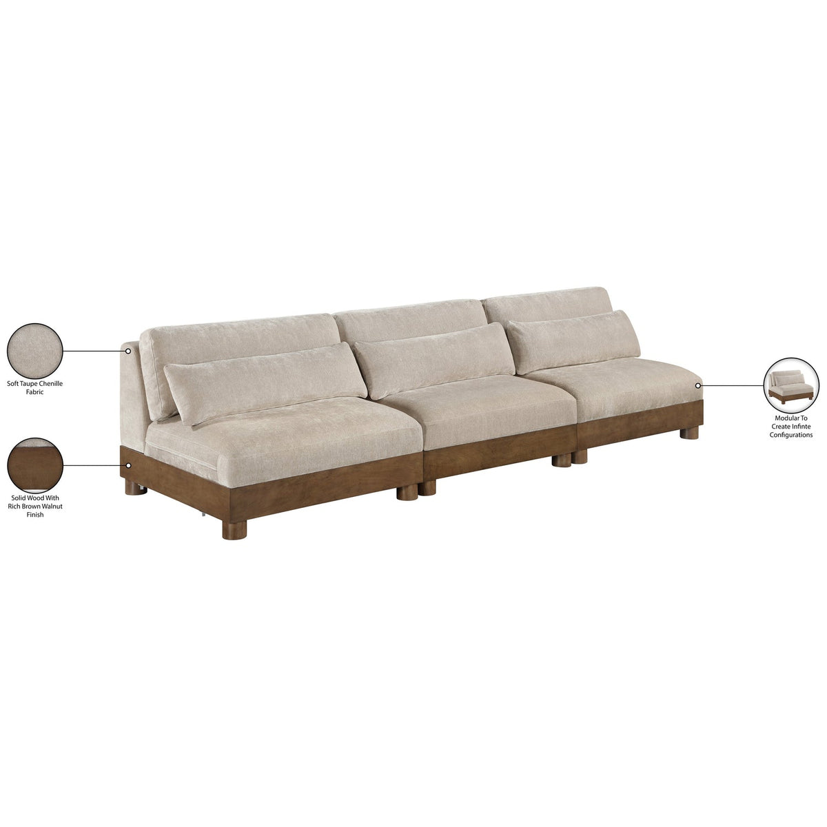 Turin 120in Taupe Chenille Fabric Upholstered 3 Piece. Modular Sofa