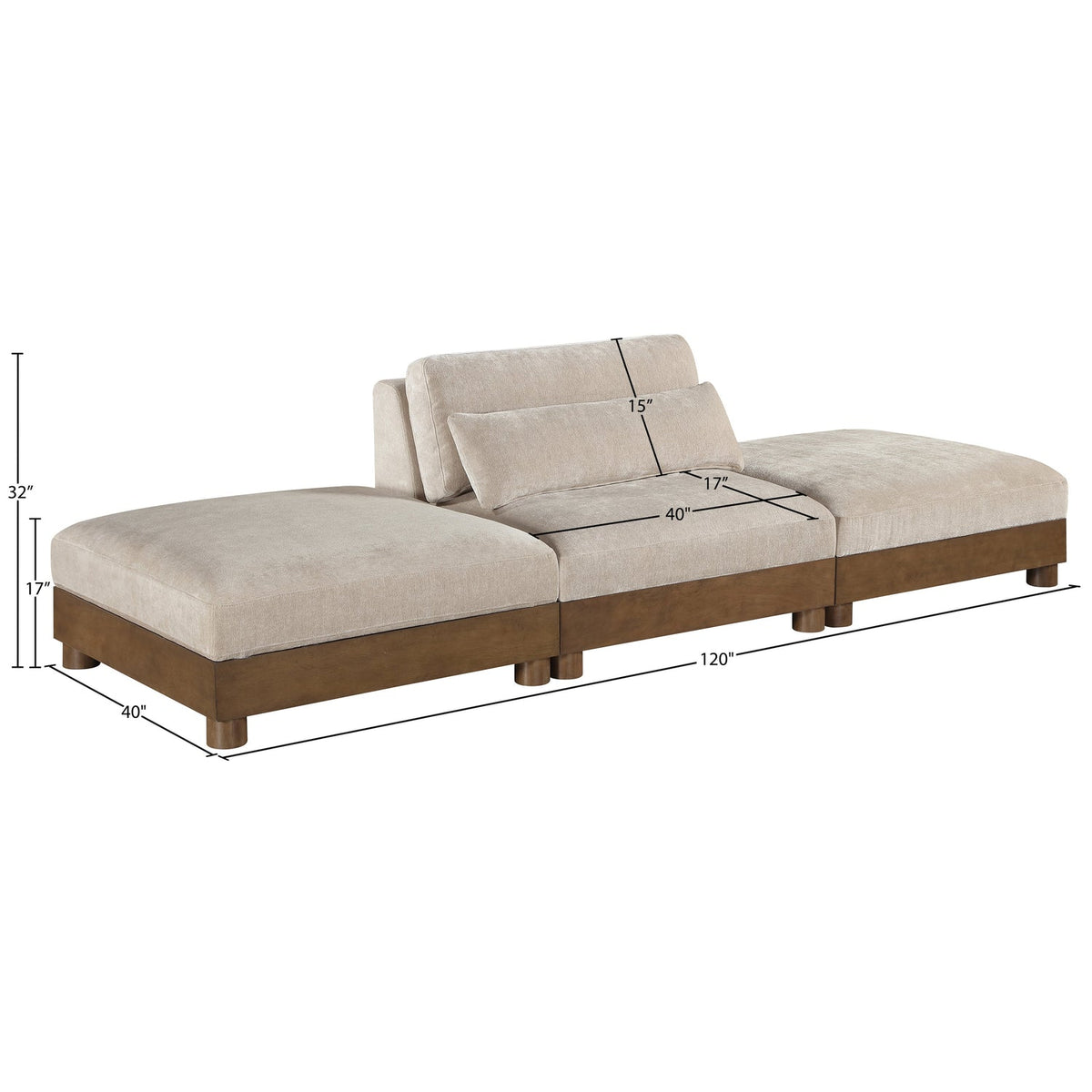 Turin 120in Taupe Chenille Fabric Upholstered 3 Piece. Modular Sofa