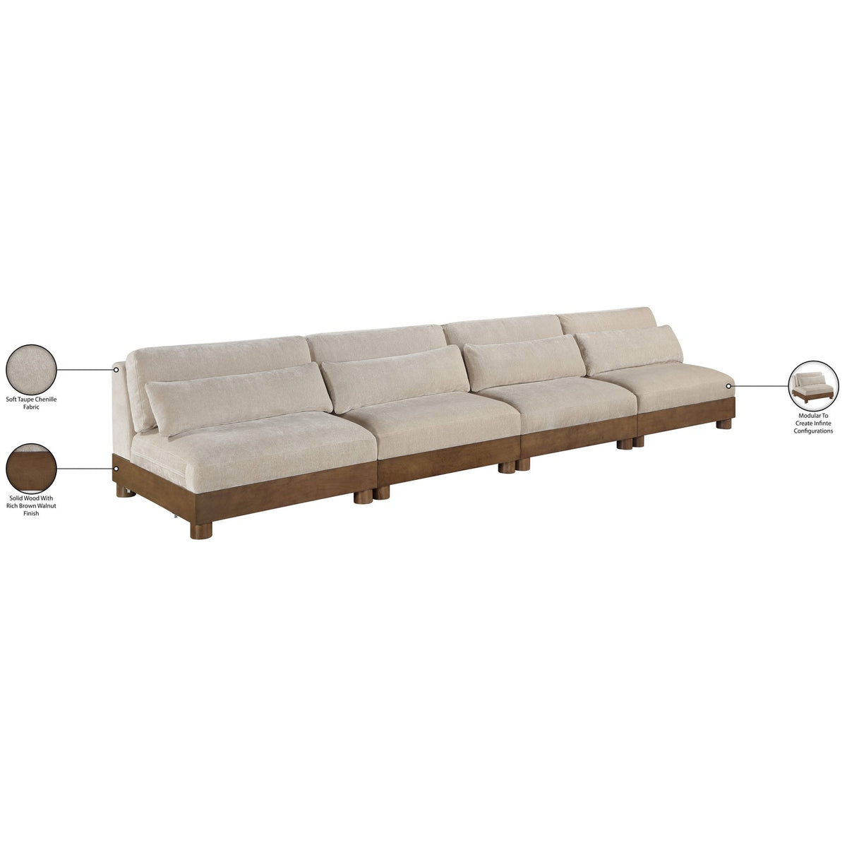 Turin 16 0in Taupe Chenille Fabric Upholstered 4 Piece. Modular Sofa