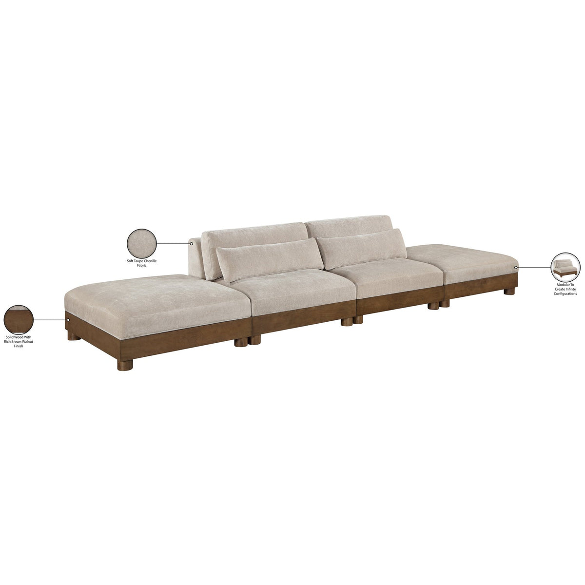 Turin 16 0in Taupe Chenille Fabric Upholstered 4 Piece. Modular Sofa